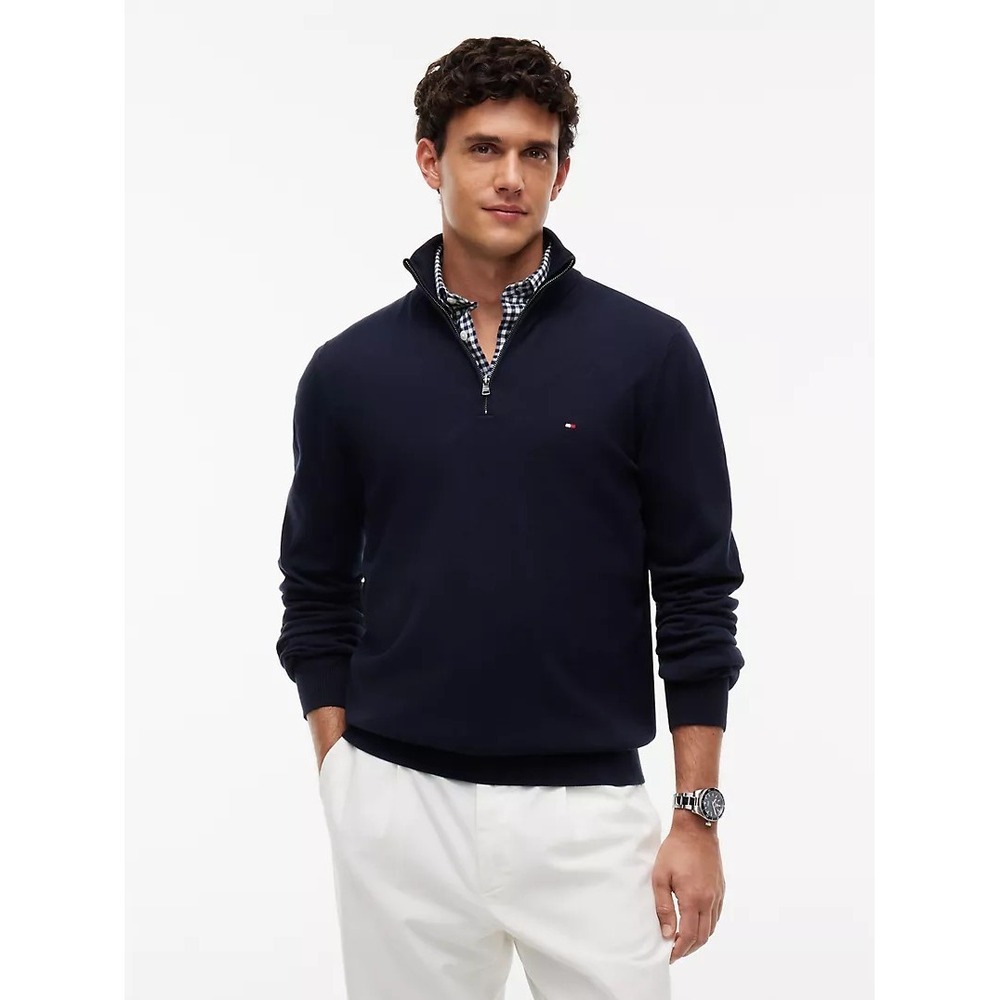 TOMMY HILFIGER Men's 1/4 Zip Mockneck Pullover Sweater, Navy, Small NWT